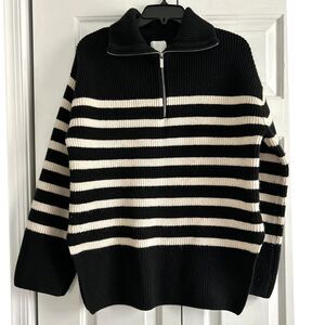 HM Chunky Knit Striped QuarterZip Sweater Black & White Nautical Ribbed Pullover